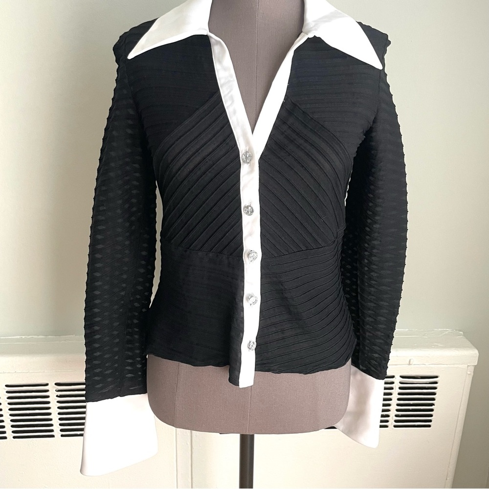 JS collection textured black collared evening top with crystal buttons